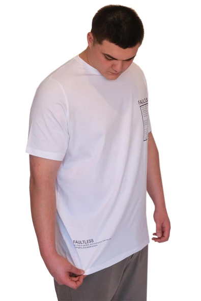 Mode XL Büyük Beden Erkek T-Shirt Bisiklet Yaka FAULTLESS U25011 Beyaz - Resim 2