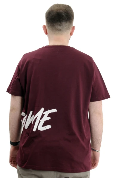 Mode XL Büyük Beden Erkek Bisiklet Yaka T-Shirt Baskılı AWESOME U24038 Mürdüm - Resim 4