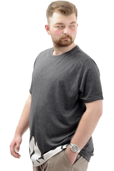 Mode XL Büyük Beden Erkek Baskılı Tişört Bisiklet Yaka Pamuklu FLAME U24082 Antramelanj - Resim 2