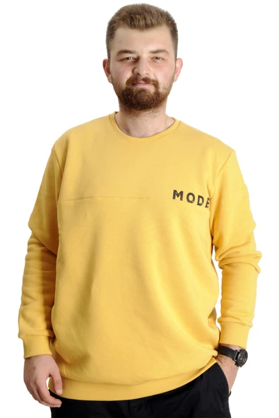 Mode XL Büyük Beden Erkek Sweatshirt Bisiklet Yaka Mode 23529 Hardal ürün görseli 1