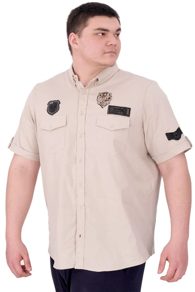 Mode XL Büyük Beden Erkek Gömlek Çift Kapaklı Gabardin U25601B Bej - Resim 4