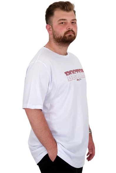 Mode XL Büyük Beden Erkek T-Shirt Bisiklet Yaka BOSTON U25037 Beyaz - Resim 3