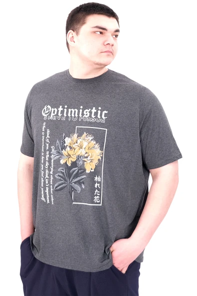 Mode XL Büyük Beden Erkek T-Shirt Bisiklet Yaka OPTIMISTIC U25028 Antrasit - Resim 4