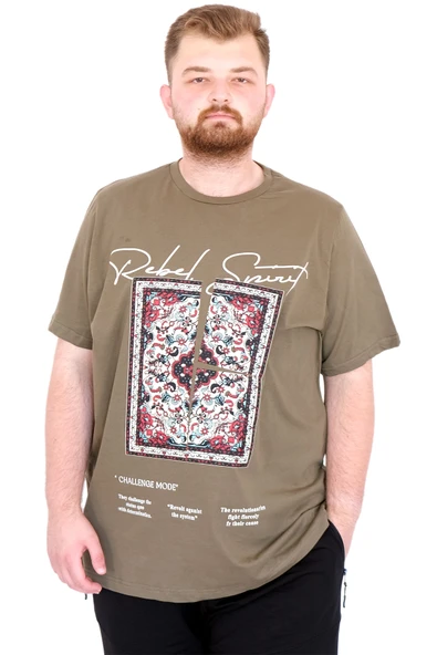 Mode XL Büyük Beden Erkek T-Shirt Bisiklet Yaka REBEL U25039 Haki ürün görseli 1