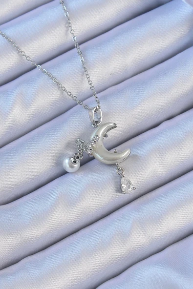 pilelistore 316L Çelik Zincir Gümüş Renk Zirkon Taşlı Kelebekli Mineli Ay Kolye - TJ-BKO9094 ürün görseli 1