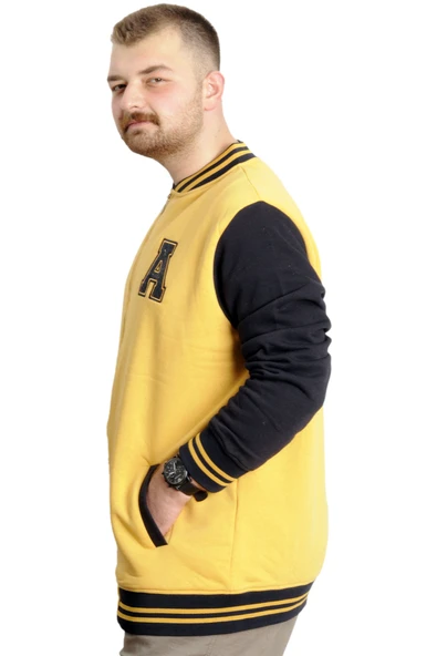 Mode XL Büyük Beden Erkek Kolej Mont Nakışlı Ceket 23632 Hardal - Resim 2