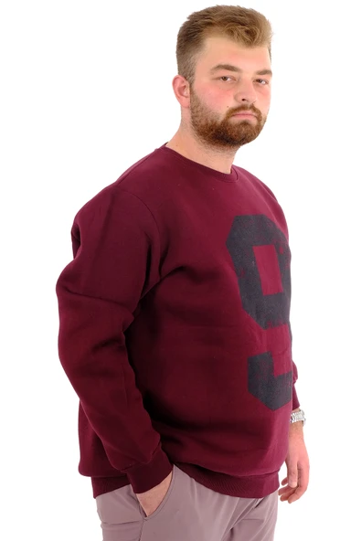 Mode XL Büyük Beden Erkek Sweatshirt 3 İplik Şardonlu Baskılı NINE U24528 Mürdüm - Resim 3