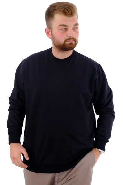 Mode XL Büyük Beden Erkek Bisiklet Yaka Basic Sweatshirt U24174 Lacivert ürün görseli 1