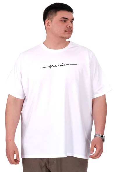 Mode XL Büyük Beden Erkek T-Shirt Bisiklet Yaka FREEDOM U25033 Beyaz ürün görseli