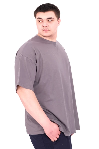 Mode XL Büyük Beden Erkek T-Shirt Bisiklet Yaka FAITH U25030 Füme - Resim 3