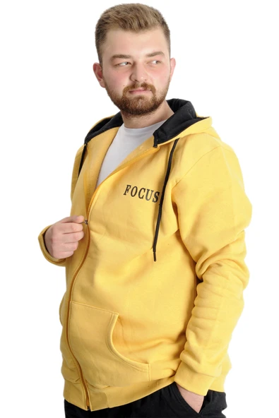 Mode XL Büyük Beden Erkek Sweat Kapşon Focus 23539 Hardal - Resim 2