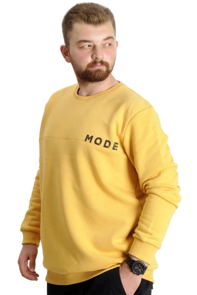 Mode XL Büyük Beden Erkek Sweatshirt Bisiklet Yaka Mode 23529 Hardal - Resim 2