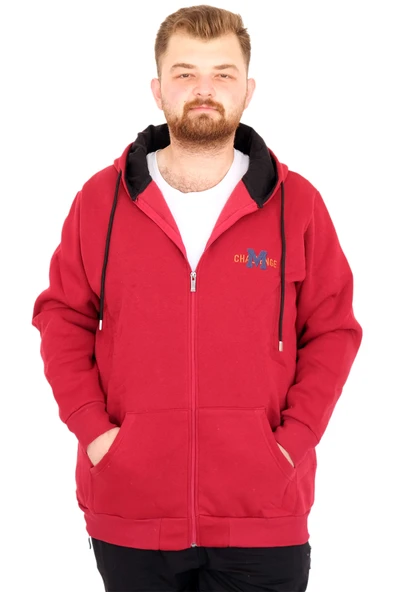 Mode XL Büyük Beden Erkek Kapüşonlu Fermuarlı Sweatshirt U25803 Bordo ürün görseli