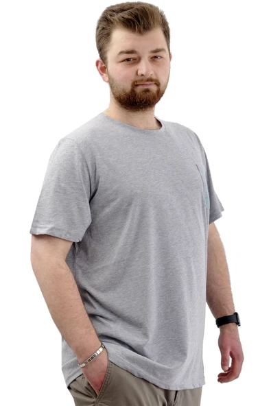 Mode XL Büyük Beden Erkek Tişört Bisiklet Yaka Baskılı Cep Detaylı T-Shirt REFUEL U24053 Grimelanj - Resim 3