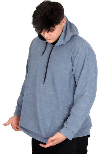 Mode XL Büyük Beden Erkek Kapüşonlu Sweatshirt Asit Yıkama Interlok U24167 Mavi - Resim 3