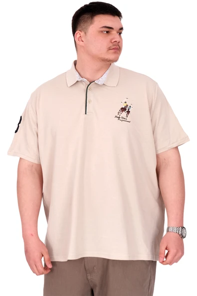 Mode XL Büyük Beden Erkek T-Shirt Polo Yaka Nakış Detaylı U25311 Bej ürün görseli