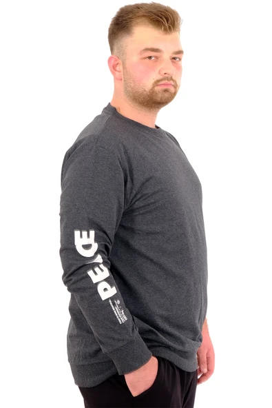 Mode XL Büyük Beden Erkek Sweat Bisiklet Yaka Eşofman Üstü PEACE U24526 Antramelanj - Resim 3