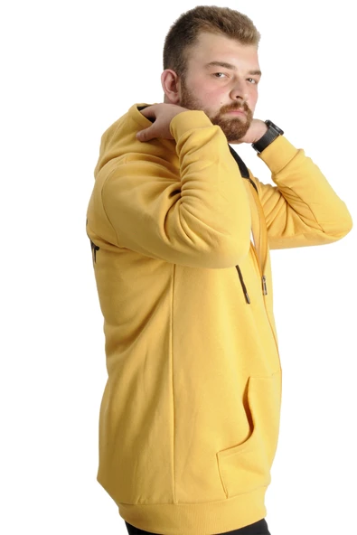 Mode XL Büyük Beden Erkek Sweat Kapüşonlu Fermuarlı Outsider 23547 Hardal - Resim 3