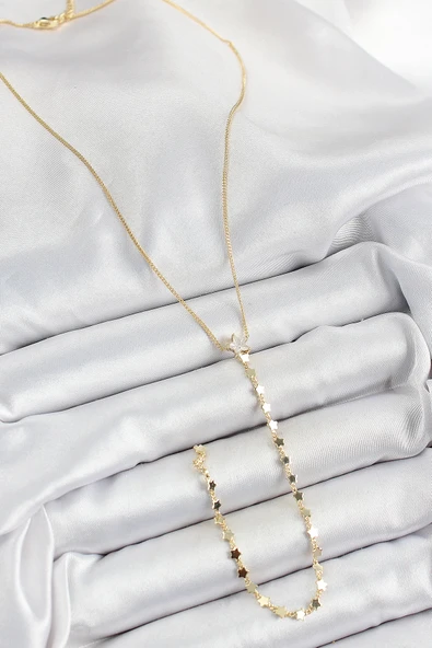 pilelistore Pirinç Zirkon Taşlı Yıldız Figürlü Y Model Gold Renk Kadın Kolye - TJ-BKO10310 - 2