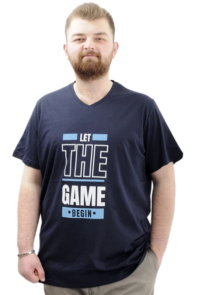 Mode XL Büyük Beden Erkek Baskılı T-Shirt BEGIN U24056 Lacivert ürün görseli