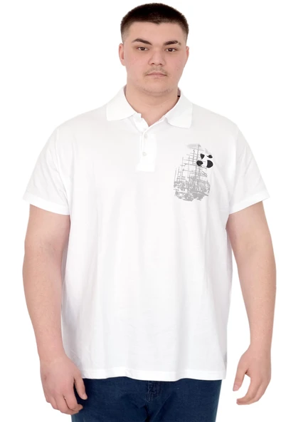 Mode XL Büyük Beden Erkek T-Shirt Polo Sail Boat U25302 Beyaz ürün görseli