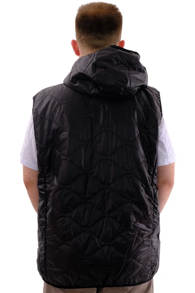 Mode XL Büyük Beden Erkek Fermuarlı Kapüşonlu Şişme Yelek U24705 Siyah - 4