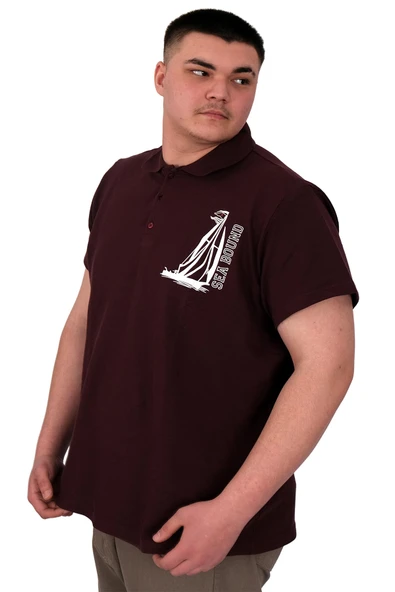 Mode XL Büyük Beden Erkek T-Shirt Polo Sea Bound U25303 Mürdüm - Resim 5