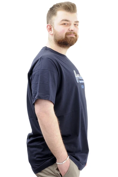 Mode XL Büyük Beden Erkek T-Shirt Bisiklet Yaka Baskılı FRESH U24059 Lacivert - Resim 3