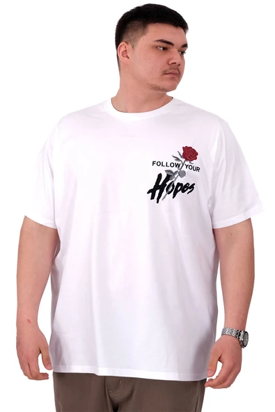 Mode XL Büyük Beden Erkek T-Shirt Bisiklet Yaka ROSE U25032 Beyaz ürün görseli 1