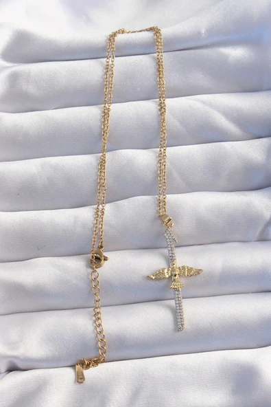 pilelistore 316L Çelik Zincir Gold Renkli Zirkon Taşlı Kılıç Model Anka Kuşu Kolye - TJ-BKO8986 - 2