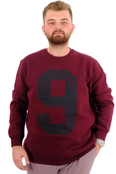 Mode XL Büyük Beden Erkek Sweatshirt 3 İplik Şardonlu Baskılı NINE U24528 Mürdüm ürün görseli