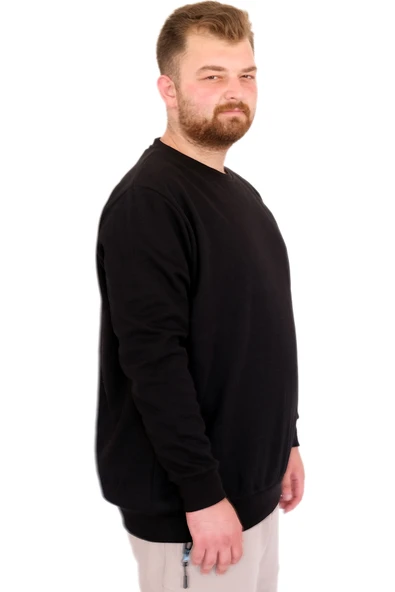 Mode XL Büyük Beden Erkek Bisiklet Yaka Sweatshirt Basic U22465 Siyah - Resim 3