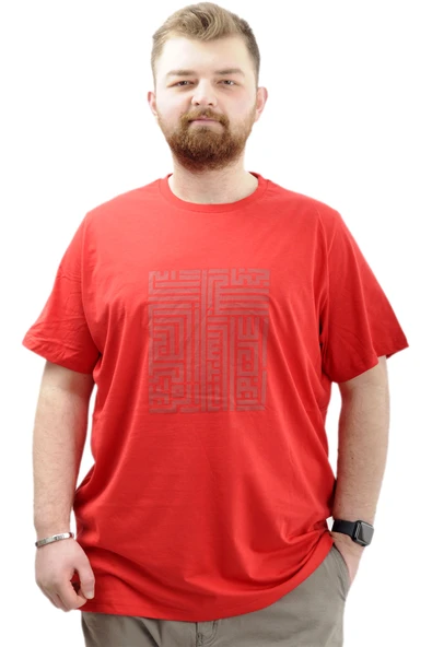 Mode XL Büyük Beden Erkek T-Shirt Bisiklet Yaka Baskılı LABYRINTH U24048 Kırmızı ürün görseli