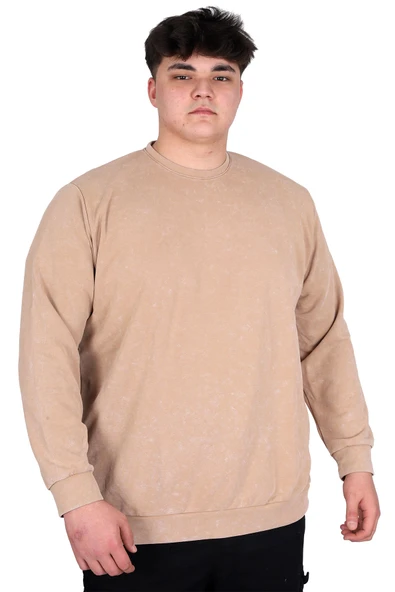 Mode XL Büyük Beden Erkek Bisiklet Yaka Sweatshirt Asit Yıkama Interlok U24175 Bej ürün görseli
