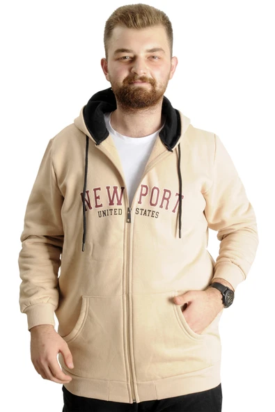 Mode XL Büyük Beden Erkek Kapüşonlu Sweatshirt New Port 23546 Bej ürün görseli 1