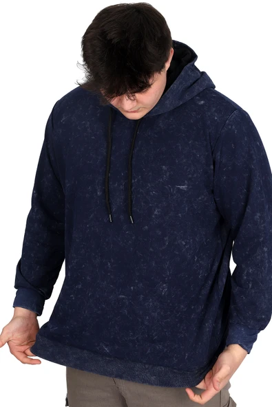 Mode XL Büyük Beden Erkek Kapüşonlu Sweatshirt Asit Yıkama Interlok U24167 Lacivert - Resim 3