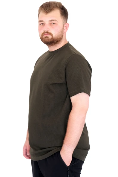 Mode XL Büyük Beden Erkek T-Shirt Bisiklet Yaka Dore U25034 Haki - Resim 2