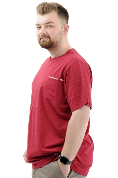 Mode XL Erkek Büyük Beden Pamuklu Baskılı Bisiklet Yaka Tişört CHANGE U24050 Bordo - Resim 2