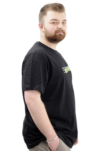 Mode XL Battal Beden Baskılı Erkek T-Shirt Bisiklet Yaka U24047 Siyah - Resim 3