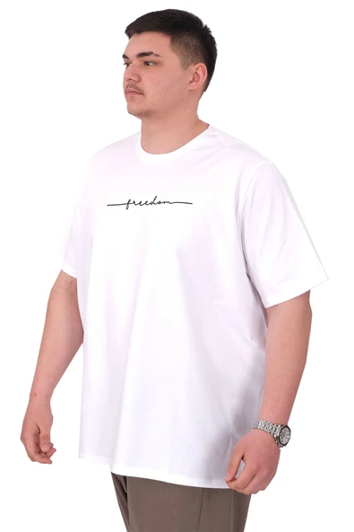 Mode XL Büyük Beden Erkek T-Shirt Bisiklet Yaka FREEDOM U25033 Beyaz - Resim 4