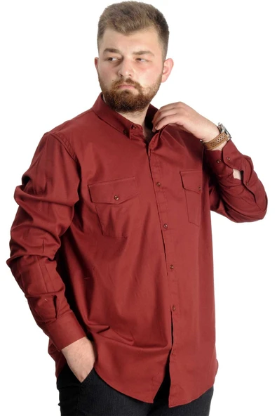 Mode XL Büyük Beden Gömlek Gabardin Çift Cep Kapaklı 20360 Bordo - 3