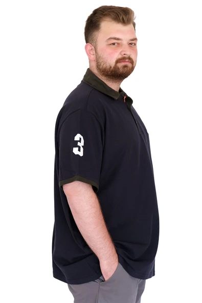 Mode XL Büyük Beden Erkek T-Shirt Polo Yaka H BROUDED U25312 Lacivert - Resim 3