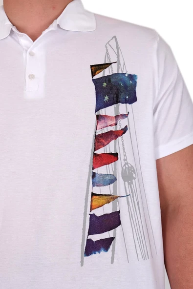 Mode XL Büyük Beden Erkek T-Shirt Polo Flag U25304 Beyaz - Resim 5