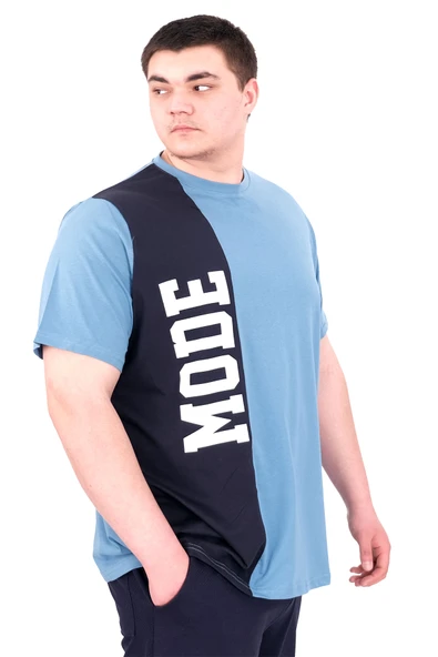 Mode XL Büyük Beden Erkek T-Shirt Parçalı U25501 Mavi - Resim 3