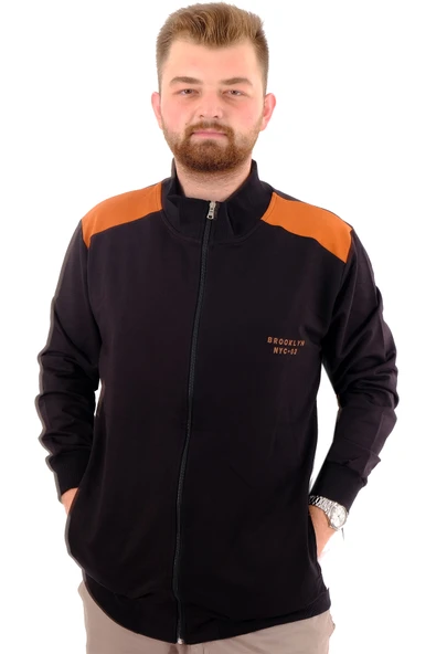 Mode XL Büyük Beden Erkek Eşofman Üstü Dik Yaka Fermuarlı BROOKLYN U24522 Siyah - Resim 3