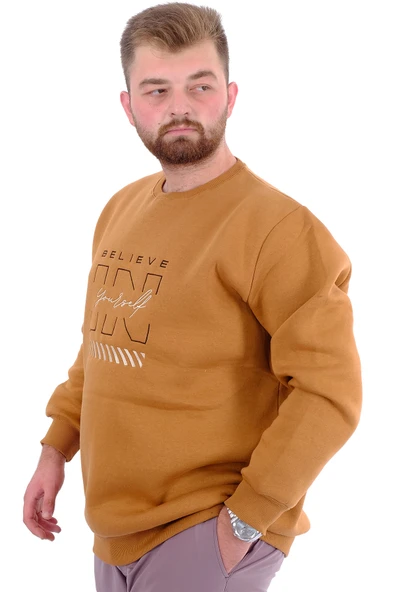 Mode XL Büyük Beden Erkek Sweatshirt 3 İplik Şardonlu Baskılı BELIEVE U24527 Camel - Resim 2