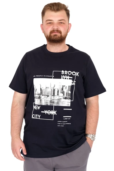 Mode XL Büyük Beden Erkek T-Shirt Bisiklet Yaka New York U25005 Lacivert ürün görseli