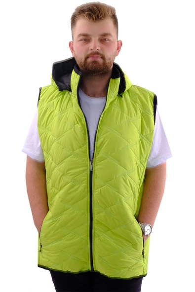 Mode XL Büyük Beden Erkek Kapüşonlu Fermuarlı Şişme Yelek U24700 Yeşil