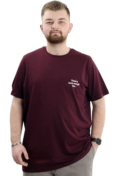 Mode XL Büyük Beden Baskılı Erkek T-Shirt Bisiklet Yaka TIME U24036 Mürdüm - Resim 6