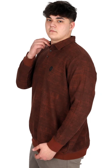 Mode XL Büyük Beden Erkek Polo Yaka Sweatshirt Baskılı Selanik U24440 Kiremit - Resim 2